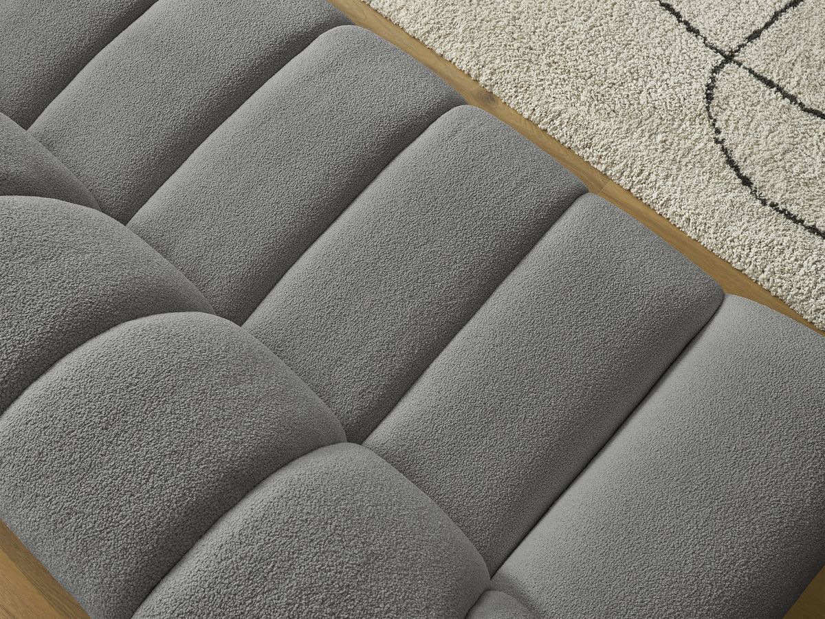 Ensemble canapé droit fixe 3 + 2 places HAYDEN tissu bouclette avec 1 pouf grand avec plateau, 1 pouf grand et 1 pouf petit