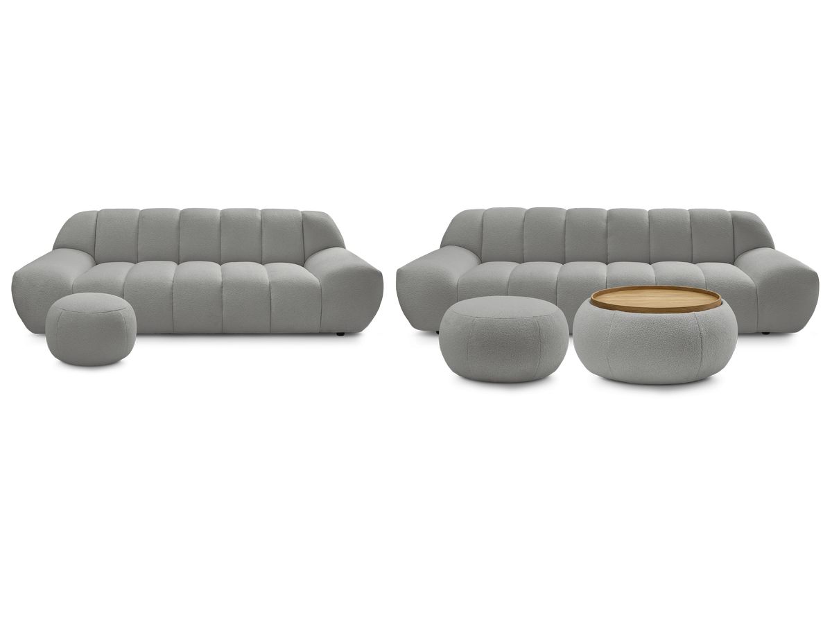 Ensemble canapé droit fixe 3 + 2 places HAYDEN tissu bouclette avec 1 pouf grand avec plateau, 1 pouf grand et 1 pouf petit
