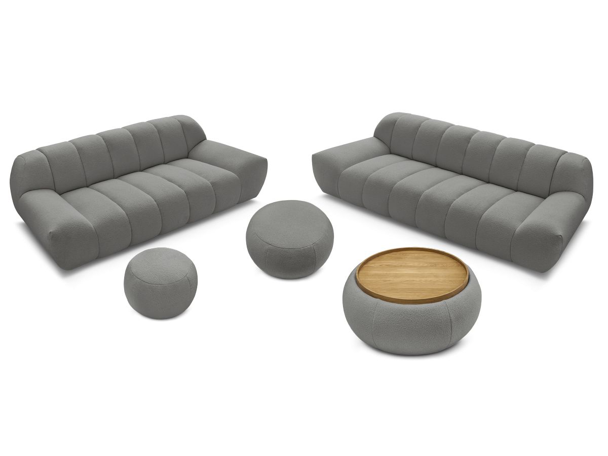 Ensemble canapé droit fixe 3 + 2 places HAYDEN tissu bouclette avec 1 pouf grand avec plateau, 1 pouf grand et 1 pouf petit