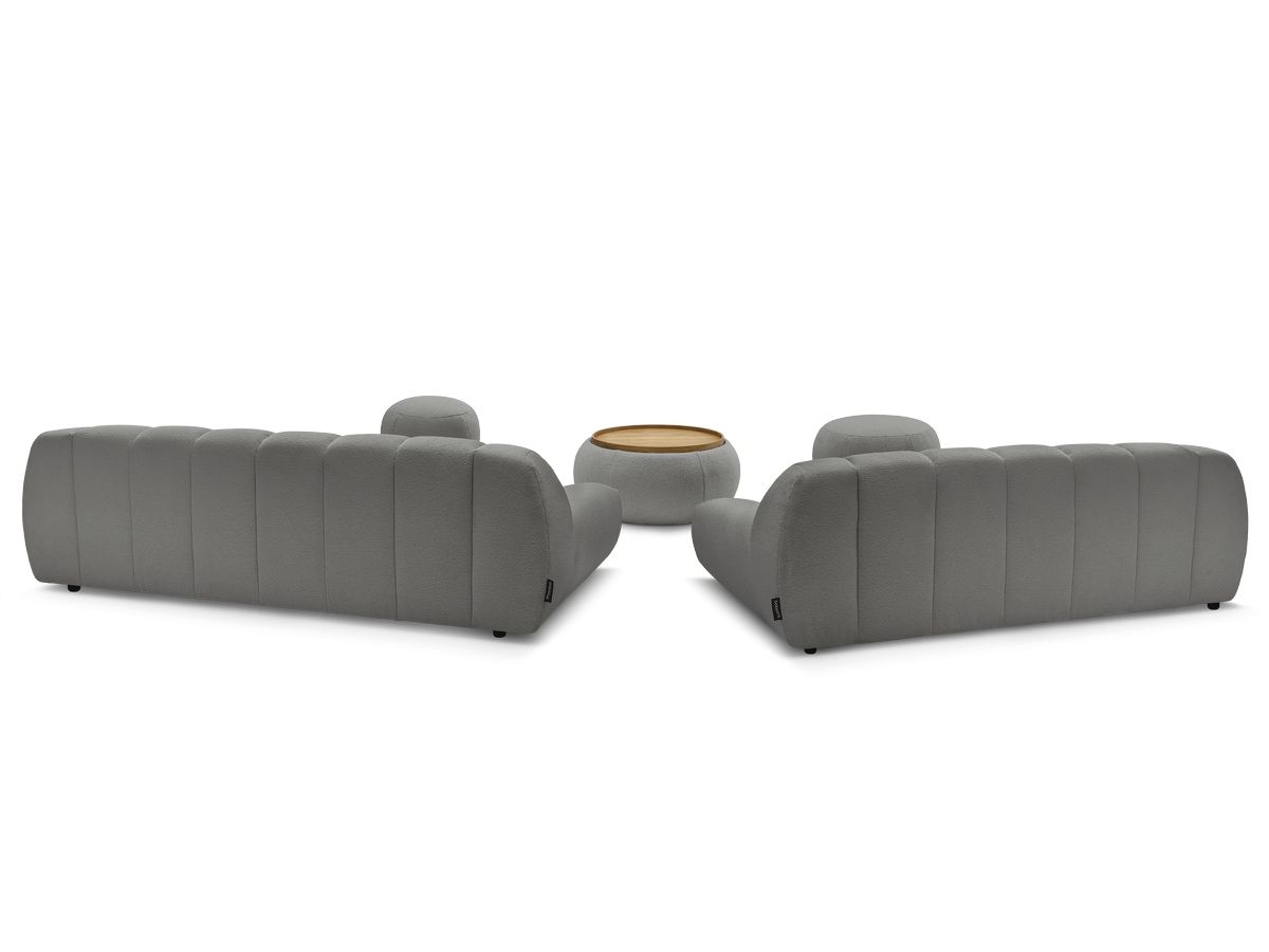 Ensemble canapé droit fixe 3 + 2 places HAYDEN tissu bouclette avec 1 pouf grand avec plateau, 1 pouf grand et 1 pouf petit
