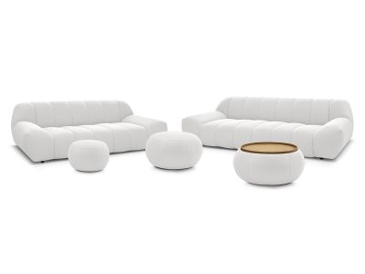 Ensemble canapé droit fixe 3 + 2 places HAYDEN tissu mesh avec 1 pouf grand avec plateau, 1 pouf grand et 1 pouf petit