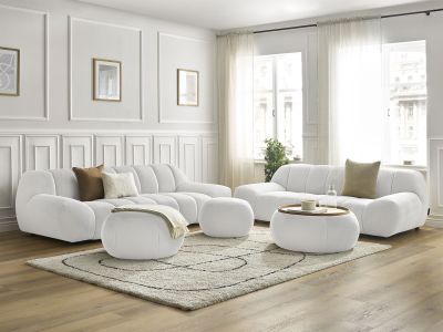 Ensemble canapé droit fixe 3 + 2 places HAYDEN tissu mesh avec 1 pouf grand avec plateau, 1 pouf grand et 1 pouf petit
