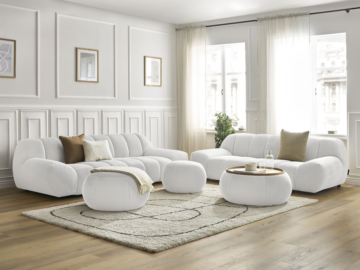 Ensemble canapé droit fixe 3 + 2 places HAYDEN tissu mesh avec 1 pouf grand avec plateau, 1 pouf grand et 1 pouf petit