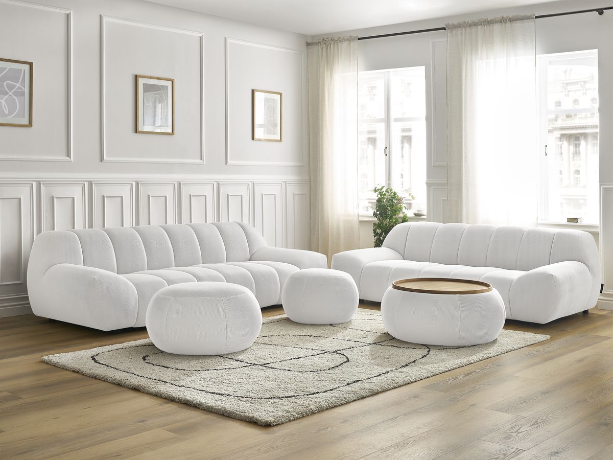 Ensemble canapé droit fixe 3 + 2 places HAYDEN tissu mesh avec 1 pouf grand avec plateau, 1 pouf grand et 1 pouf petit