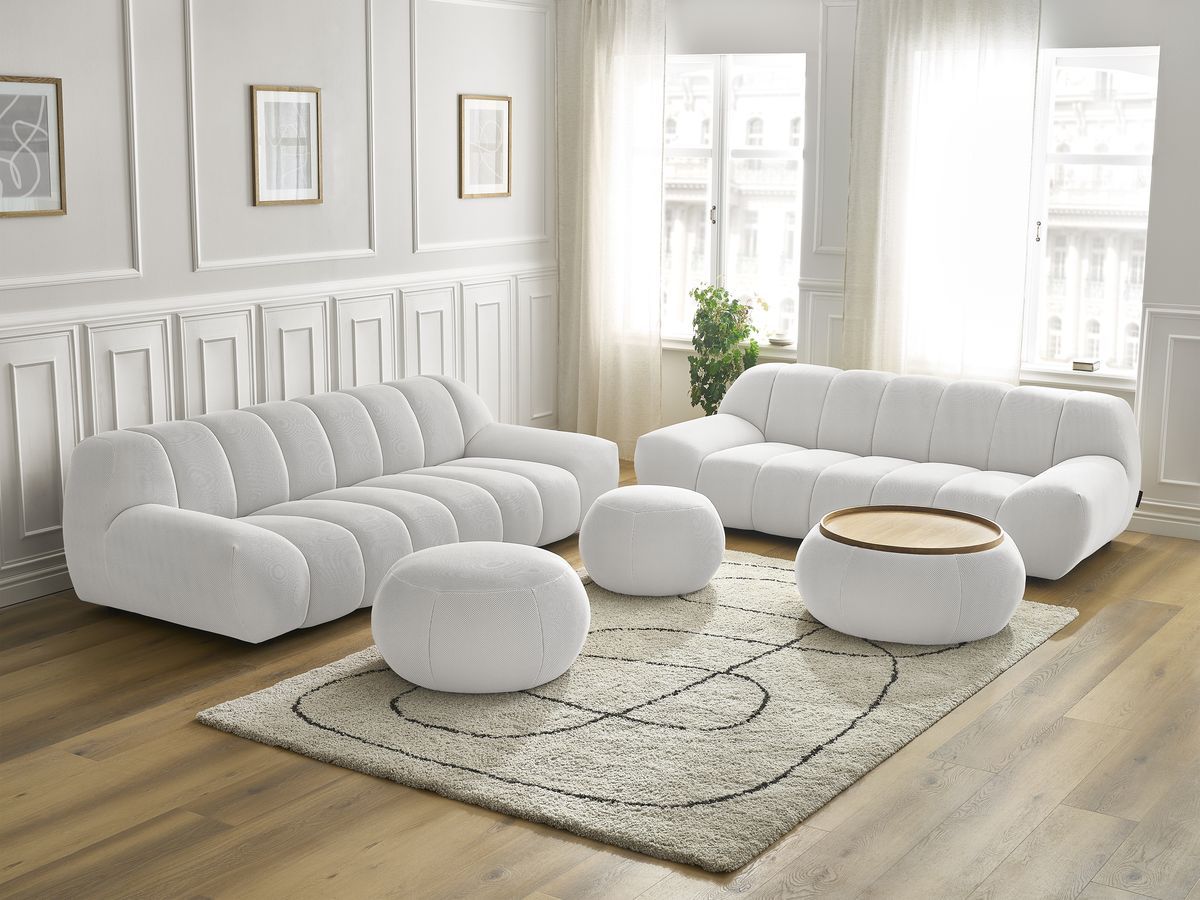 Ensemble canapé droit fixe 3 + 2 places HAYDEN tissu mesh avec 1 pouf grand avec plateau, 1 pouf grand et 1 pouf petit