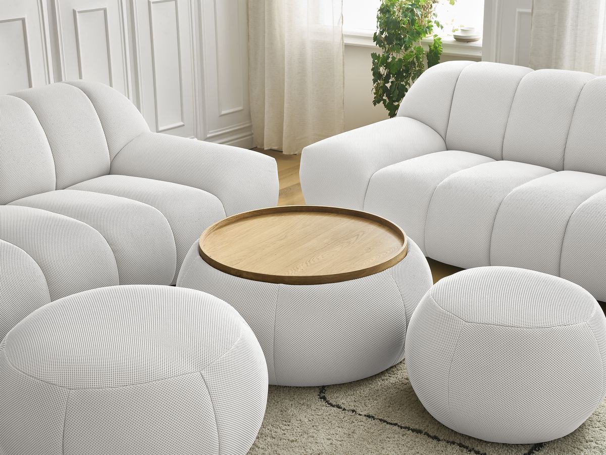 Ensemble canapé droit fixe 3 + 2 places HAYDEN tissu mesh avec 1 pouf grand avec plateau, 1 pouf grand et 1 pouf petit