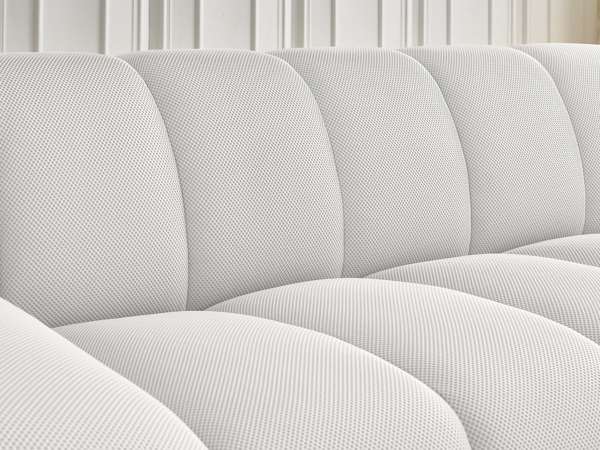 Ensemble canapé droit fixe 3 + 2 places HAYDEN tissu mesh avec 1 pouf grand avec plateau, 1 pouf grand et 1 pouf petit