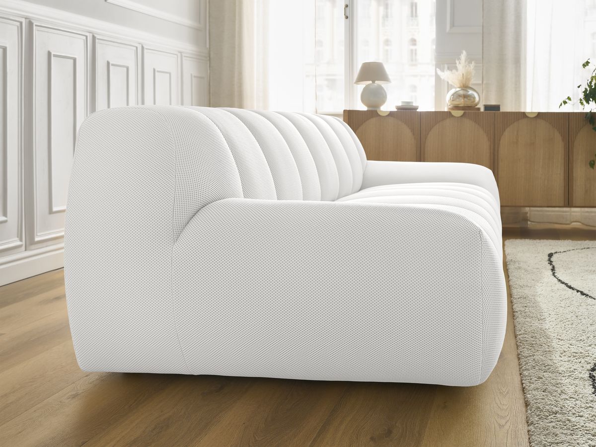 Ensemble canapé droit fixe 3 + 2 places HAYDEN tissu mesh avec 1 pouf grand avec plateau, 1 pouf grand et 1 pouf petit