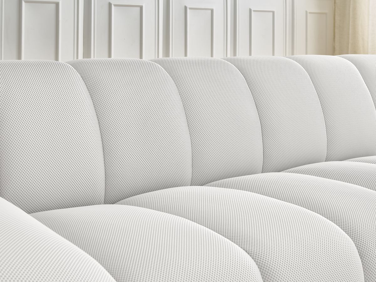 Ensemble canapé droit fixe 3 + 2 places HAYDEN tissu mesh avec 1 pouf grand avec plateau, 1 pouf grand et 1 pouf petit