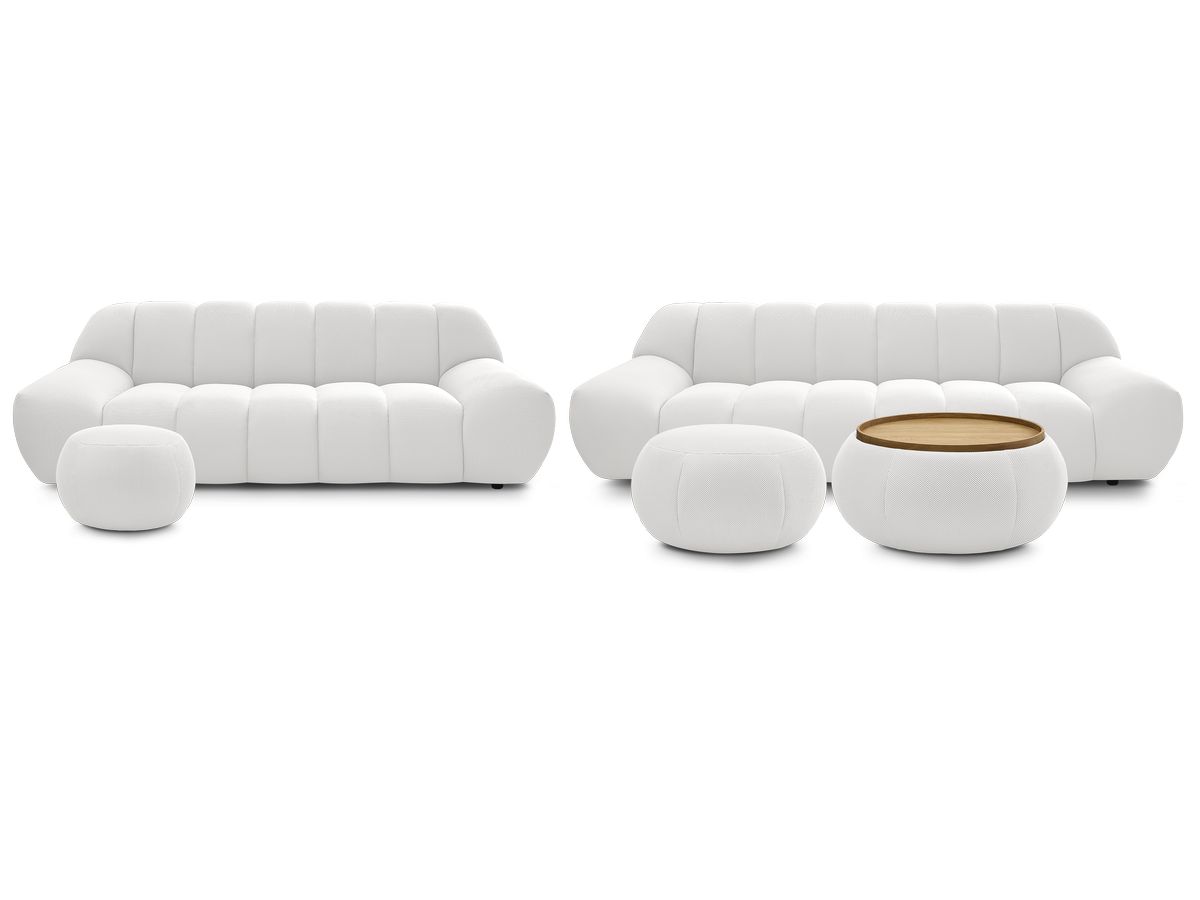 Ensemble canapé droit fixe 3 + 2 places HAYDEN tissu mesh avec 1 pouf grand avec plateau, 1 pouf grand et 1 pouf petit