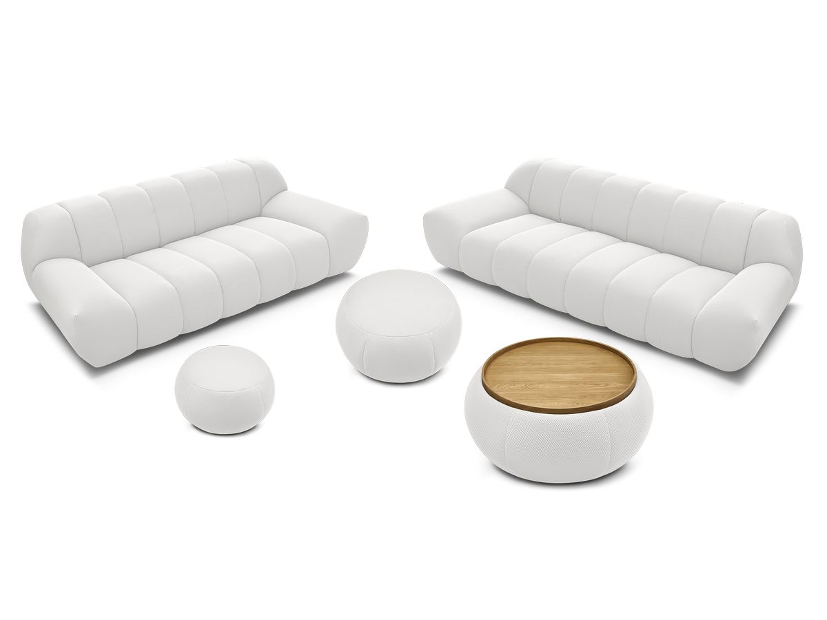 Ensemble canapé droit fixe 3 + 2 places HAYDEN tissu mesh avec 1 pouf grand avec plateau, 1 pouf grand et 1 pouf petit