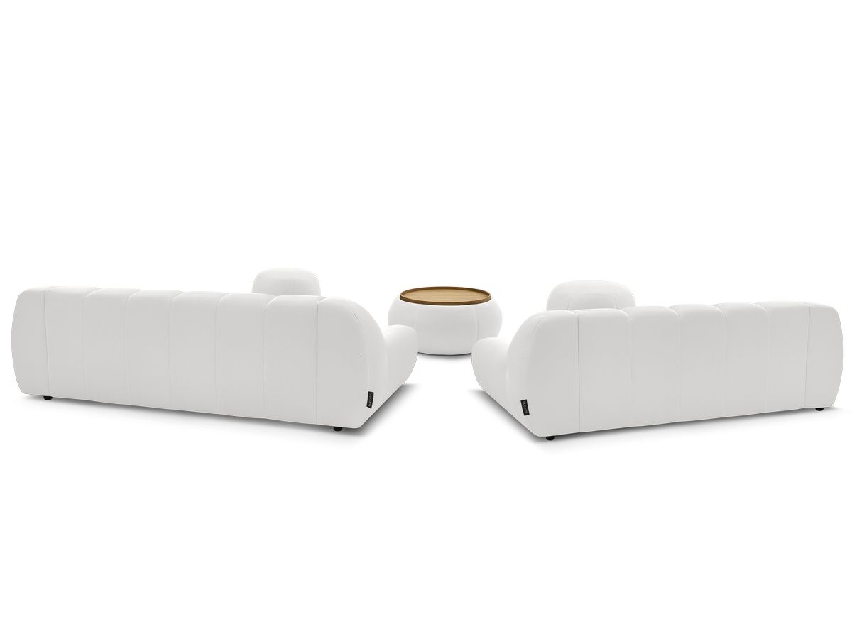 Ensemble canapé droit fixe 3 + 2 places HAYDEN tissu mesh avec 1 pouf grand avec plateau, 1 pouf grand et 1 pouf petit