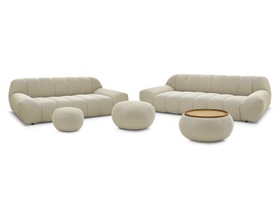Ensemble canapé droit fixe 3 + 2 places HAYDEN tissu mesh avec 1 pouf grand avec plateau, 1 pouf grand et 1 pouf petit