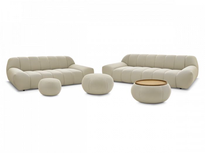 Ensemble canapé droit fixe 3 + 2 places tissu mesh avec 1 pouf grand avec plateau, 1 pouf grand et 1 pouf petit