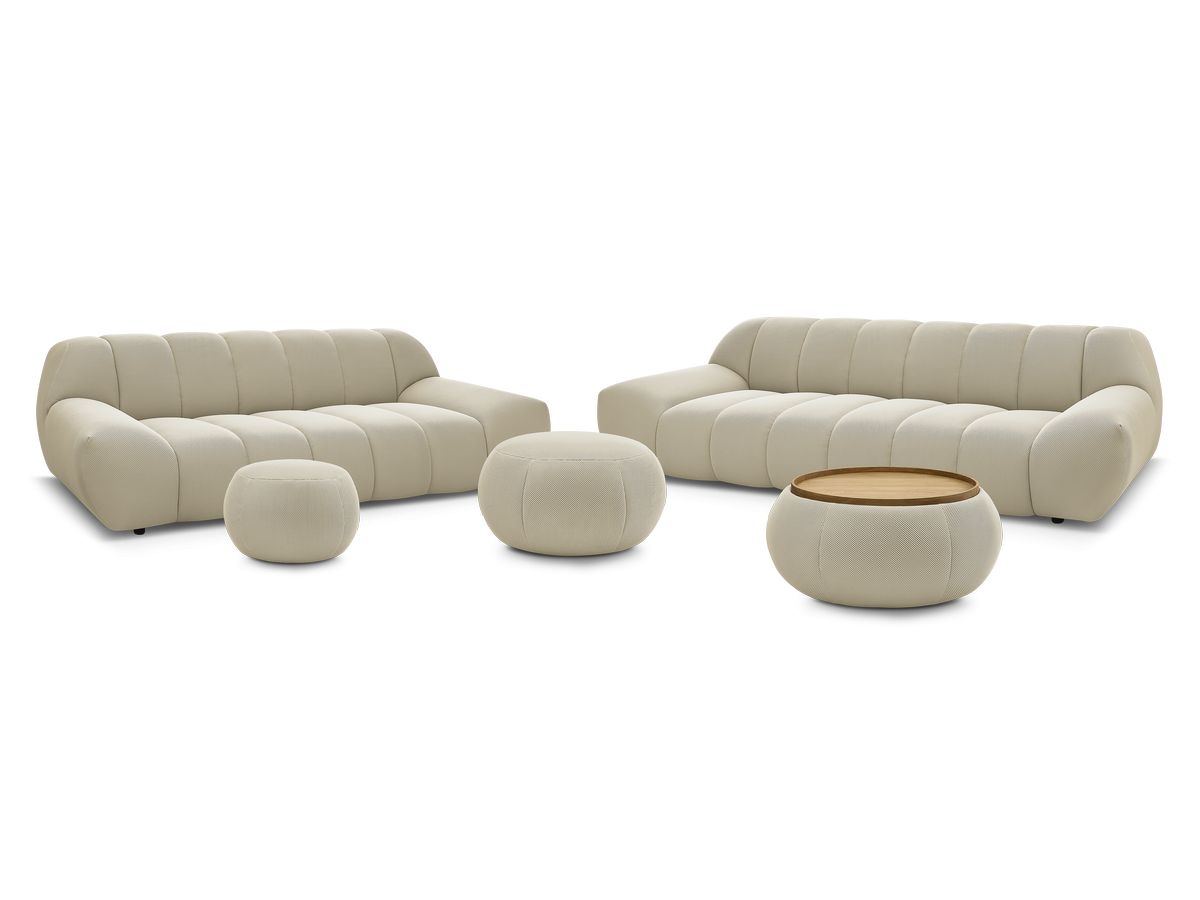 Ensemble canapé droit fixe 3 + 2 places tissu mesh avec 1 pouf grand avec plateau, 1 pouf grand et 1 pouf petit