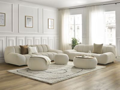 Ensemble canapé droit fixe 3 + 2 places HAYDEN tissu mesh avec 1 pouf grand avec plateau, 1 pouf grand et 1 pouf petit