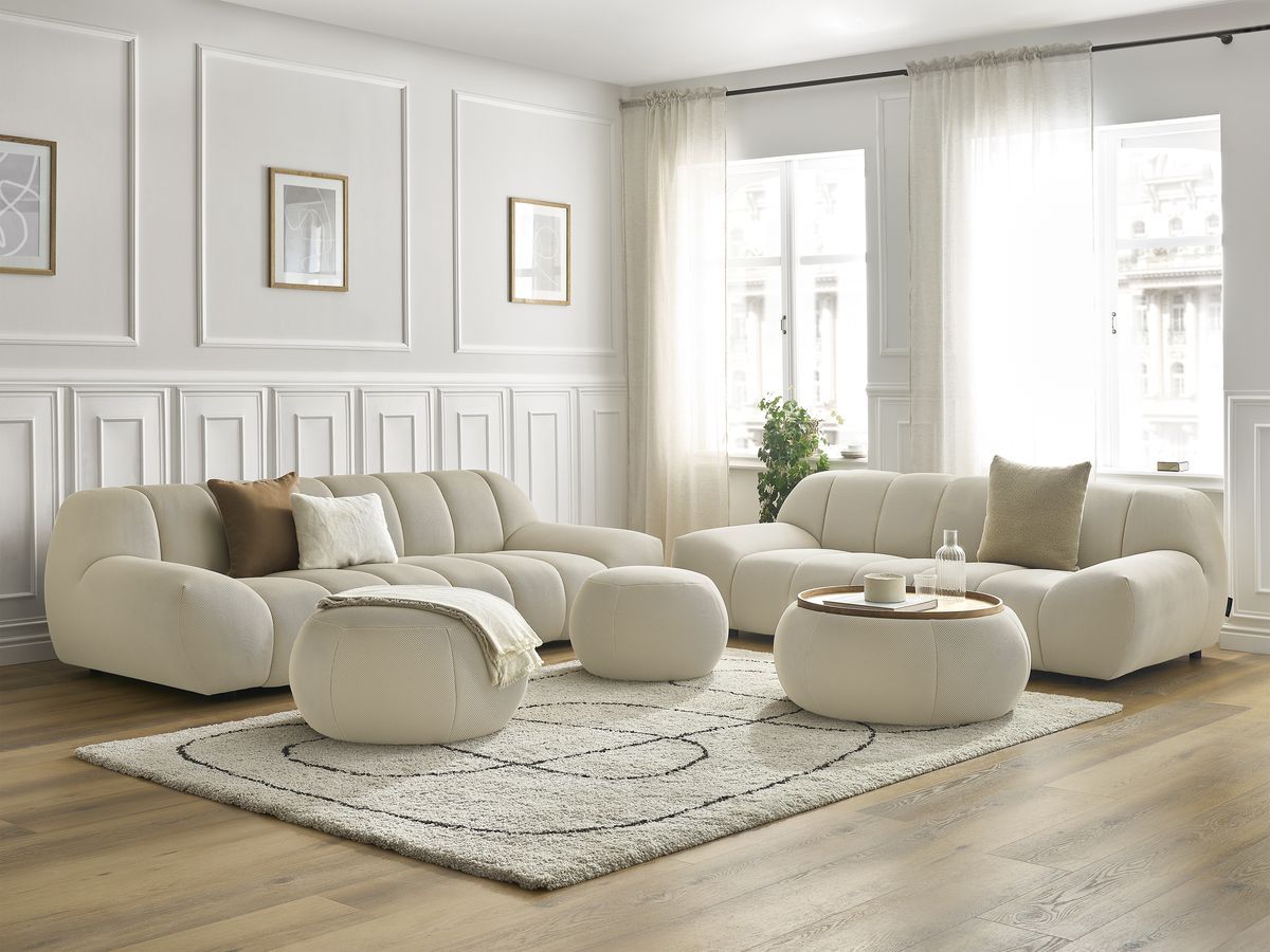 Ensemble canapé droit fixe 3 + 2 places HAYDEN tissu mesh avec 1 pouf grand avec plateau, 1 pouf grand et 1 pouf petit
