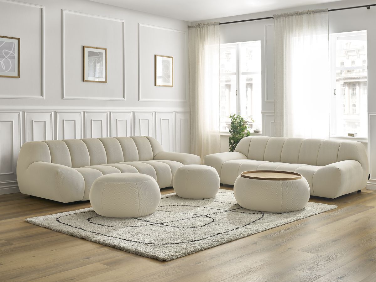 Ensemble canapé droit fixe 3 + 2 places HAYDEN tissu mesh avec 1 pouf grand avec plateau, 1 pouf grand et 1 pouf petit