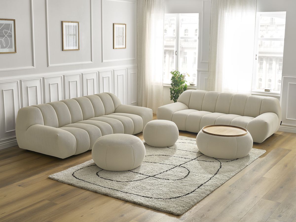 Ensemble canapé droit fixe 3 + 2 places HAYDEN tissu mesh avec 1 pouf grand avec plateau, 1 pouf grand et 1 pouf petit