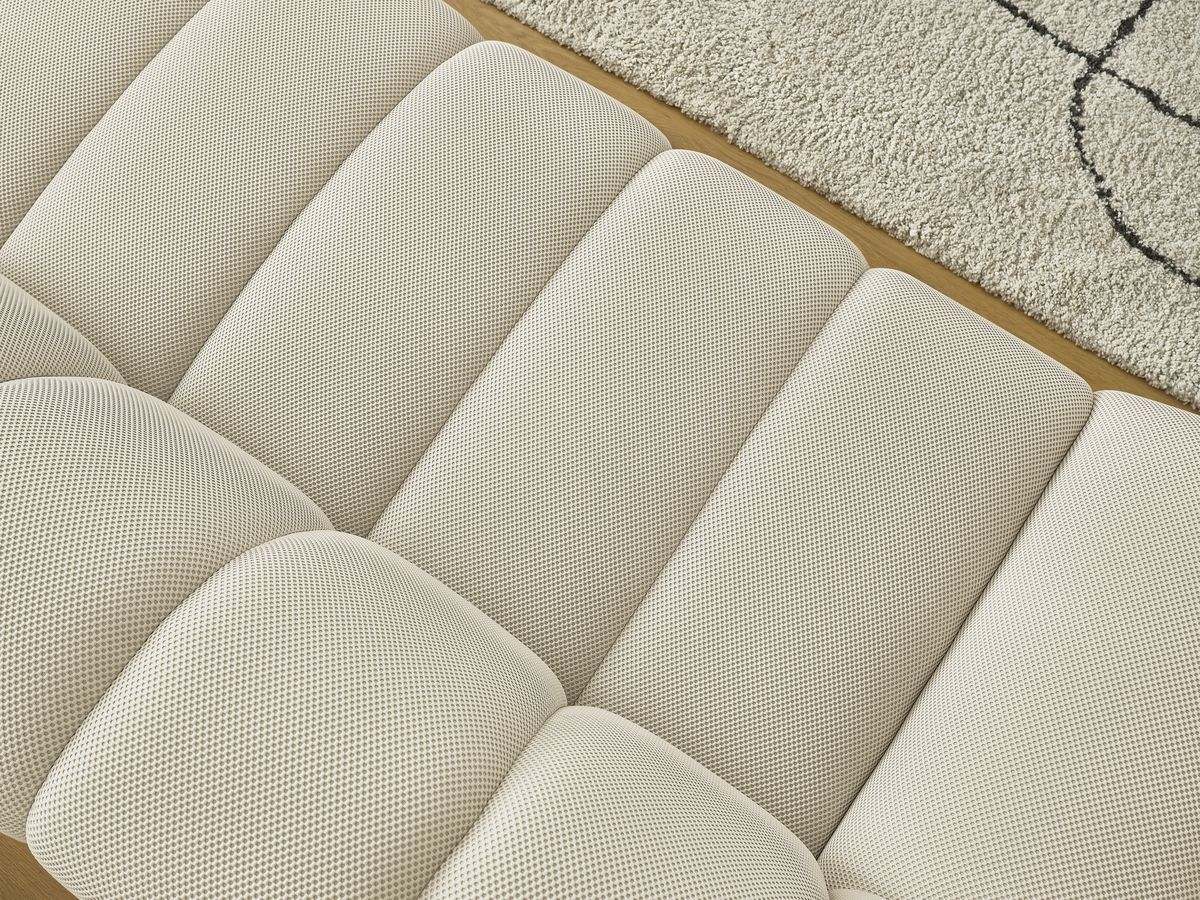 Ensemble canapé droit fixe 3 + 2 places HAYDEN tissu mesh avec 1 pouf grand avec plateau, 1 pouf grand et 1 pouf petit
