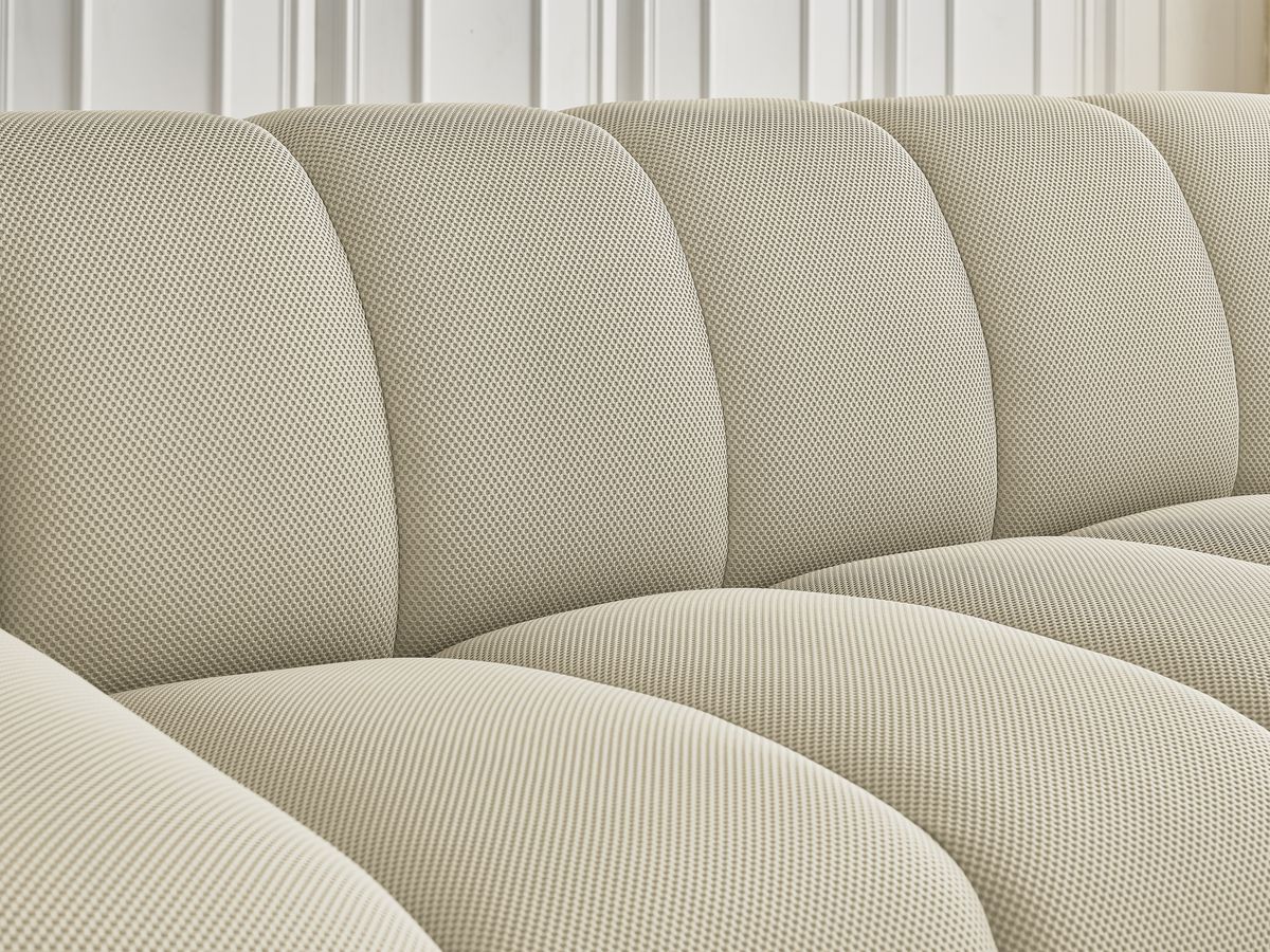 Ensemble canapé droit fixe 3 + 2 places HAYDEN tissu mesh avec 1 pouf grand avec plateau, 1 pouf grand et 1 pouf petit