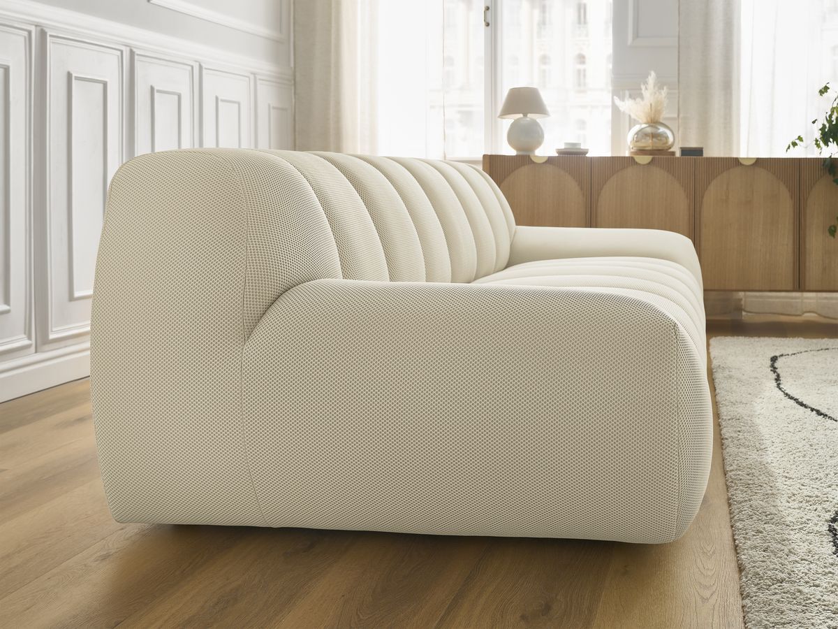 Ensemble canapé droit fixe 3 + 2 places HAYDEN tissu mesh avec 1 pouf grand avec plateau, 1 pouf grand et 1 pouf petit