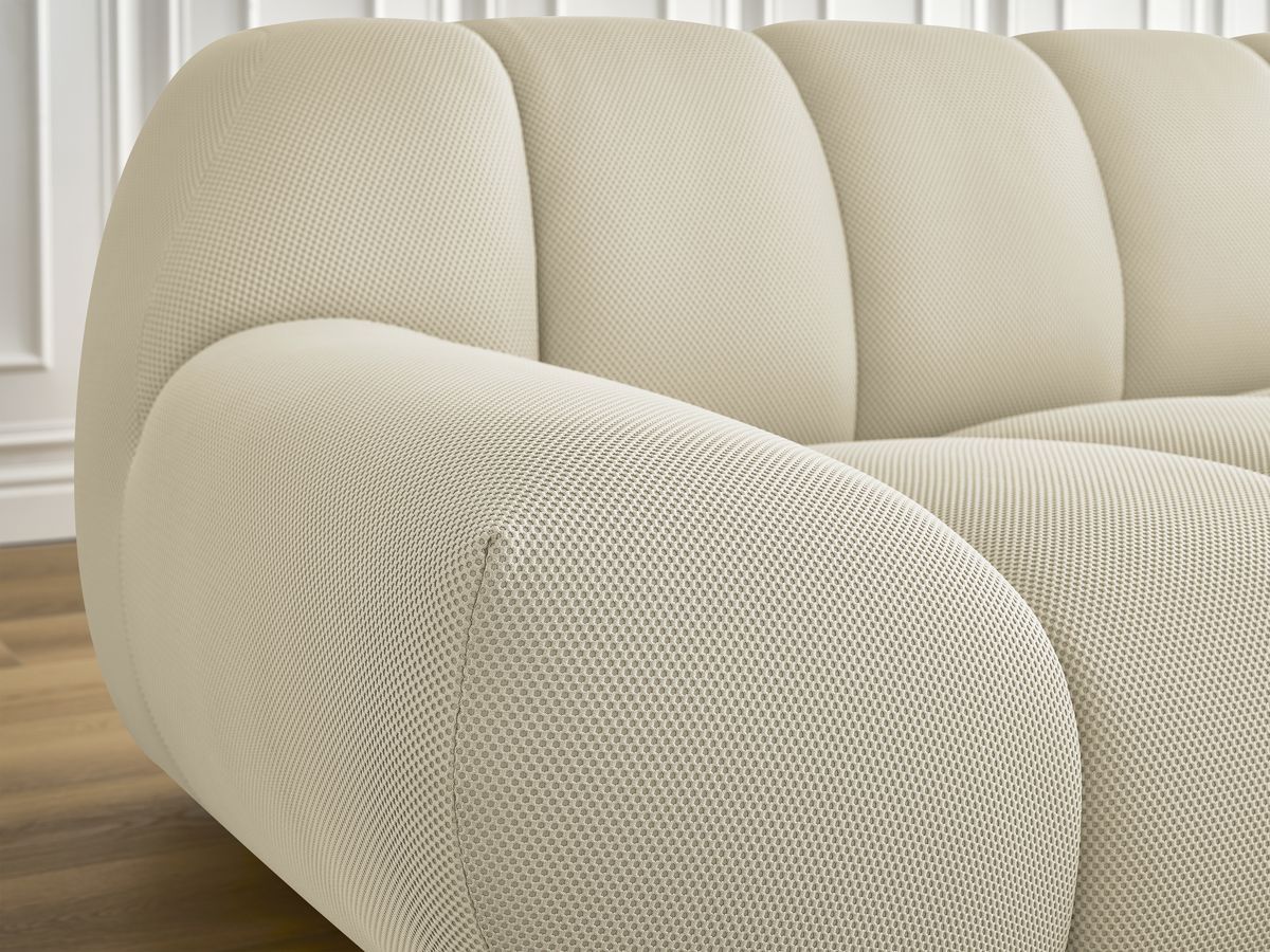 Ensemble canapé droit fixe 3 + 2 places HAYDEN tissu mesh avec 1 pouf grand avec plateau, 1 pouf grand et 1 pouf petit