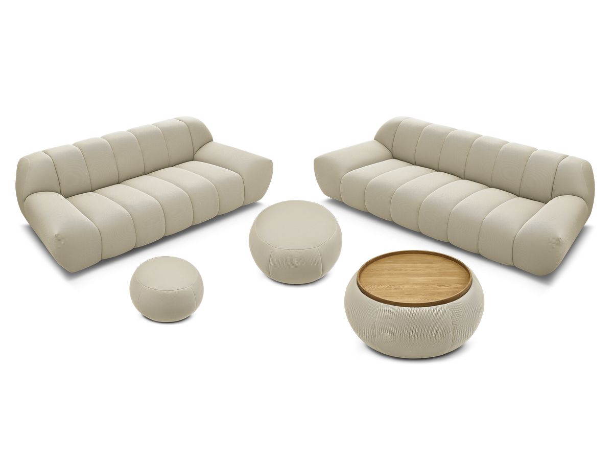 Ensemble canapé droit fixe 3 + 2 places HAYDEN tissu mesh avec 1 pouf grand avec plateau, 1 pouf grand et 1 pouf petit