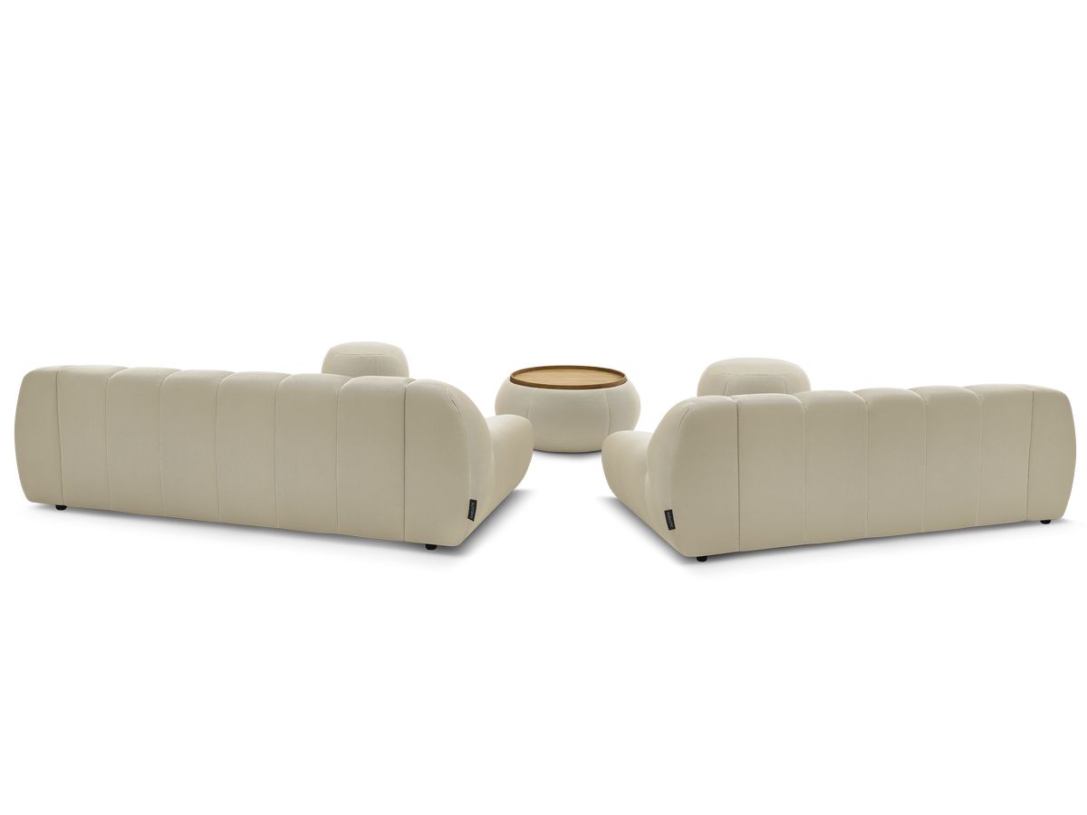 Ensemble canapé droit fixe 3 + 2 places HAYDEN tissu mesh avec 1 pouf grand avec plateau, 1 pouf grand et 1 pouf petit