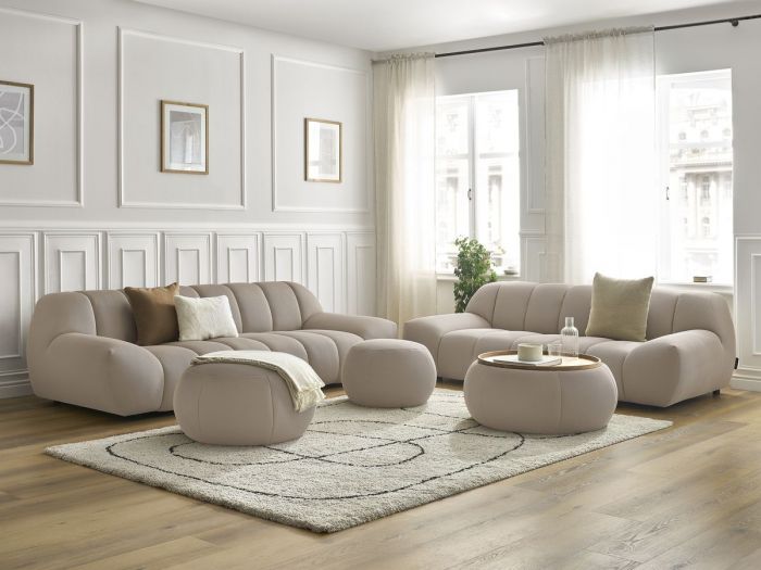 Ensemble canapé droit fixe 3 + 2 places tissu mesh avec 1 pouf grand avec plateau, 1 pouf grand et 1 pouf petit