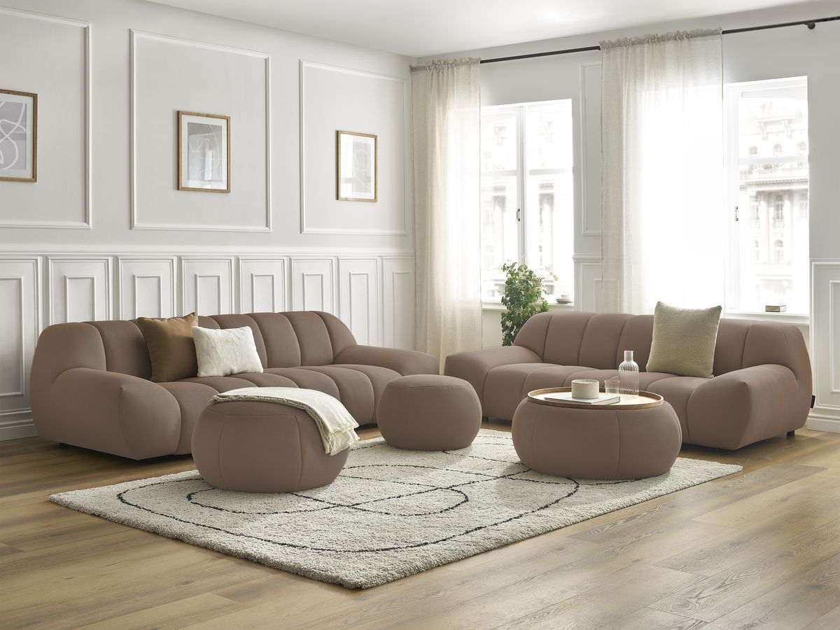 Ensemble canapé droit fixe 3 + 2 places HAYDEN tissu mesh avec 1 pouf grand avec plateau, 1 pouf grand et 1 pouf petit