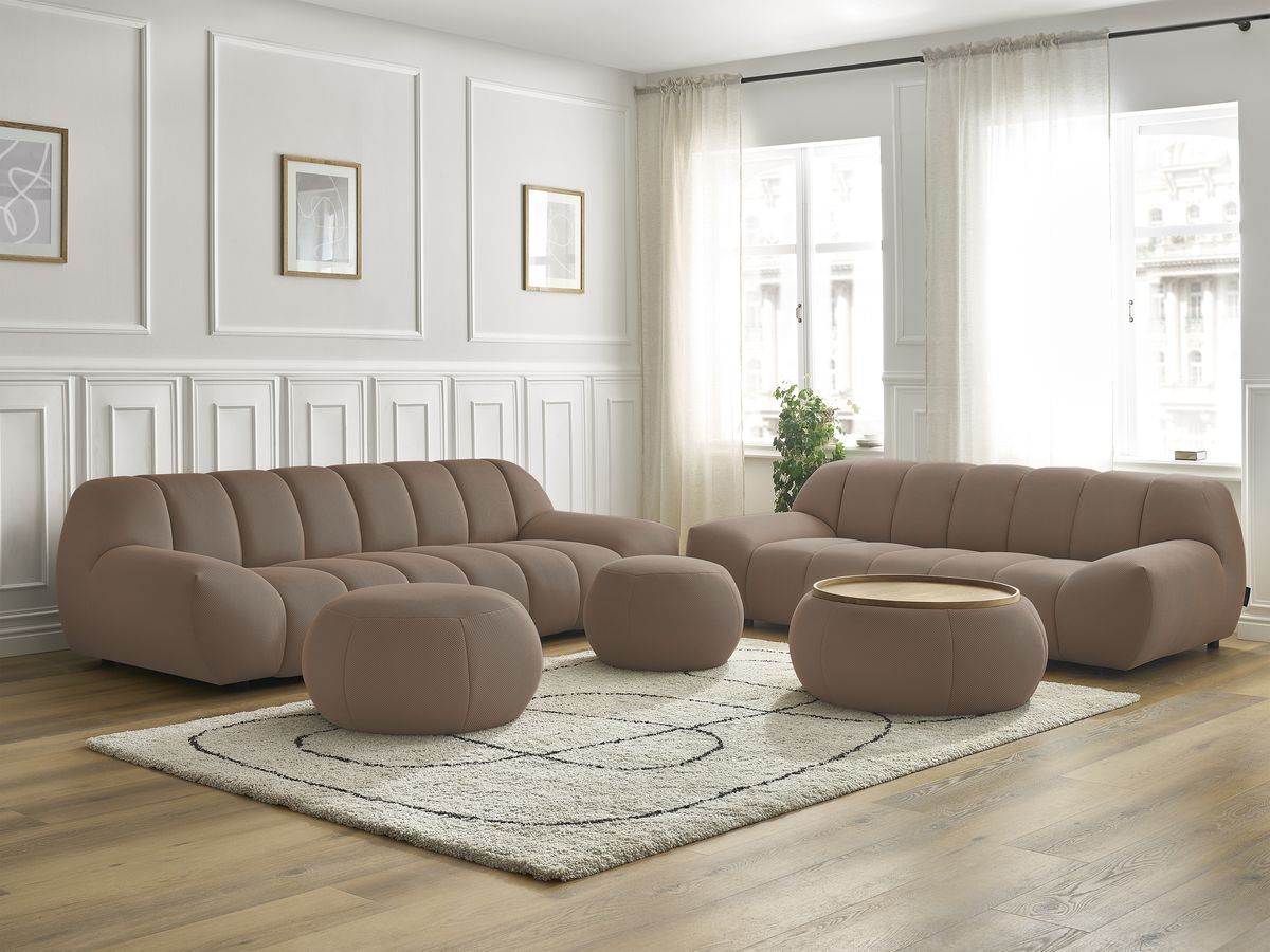Ensemble canapé droit fixe 3 + 2 places HAYDEN tissu mesh avec 1 pouf grand avec plateau, 1 pouf grand et 1 pouf petit