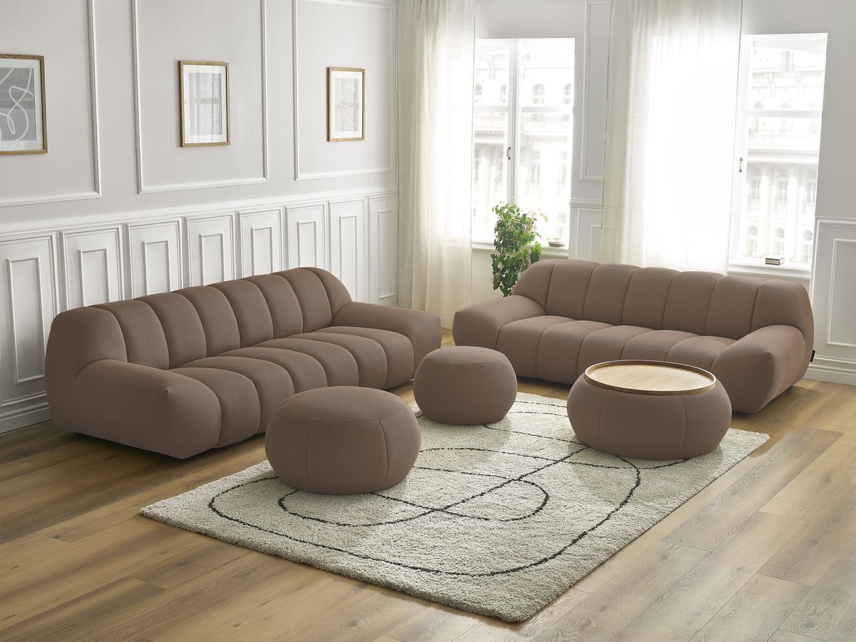 Ensemble canapé droit fixe 3 + 2 places HAYDEN tissu mesh avec 1 pouf grand avec plateau, 1 pouf grand et 1 pouf petit