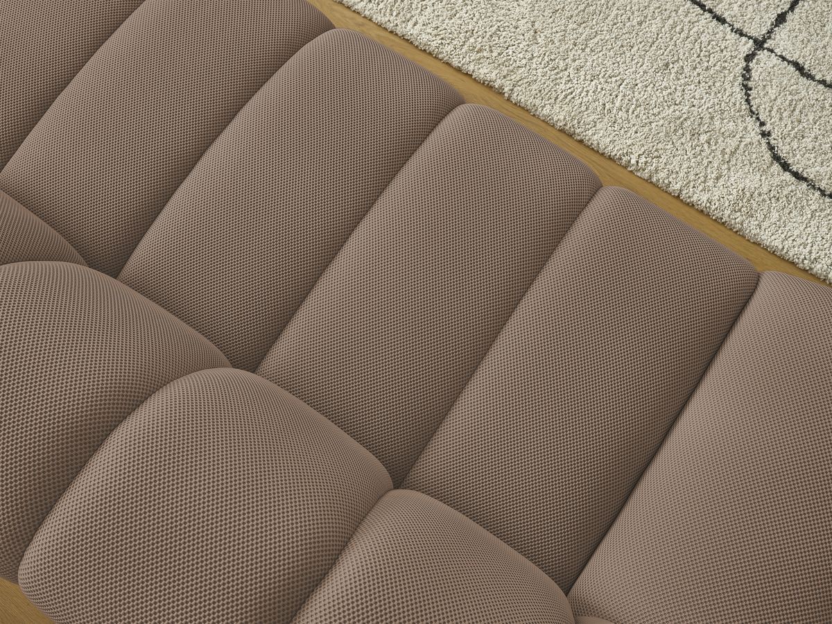 Ensemble canapé droit fixe 3 + 2 places HAYDEN tissu mesh avec 1 pouf grand avec plateau, 1 pouf grand et 1 pouf petit