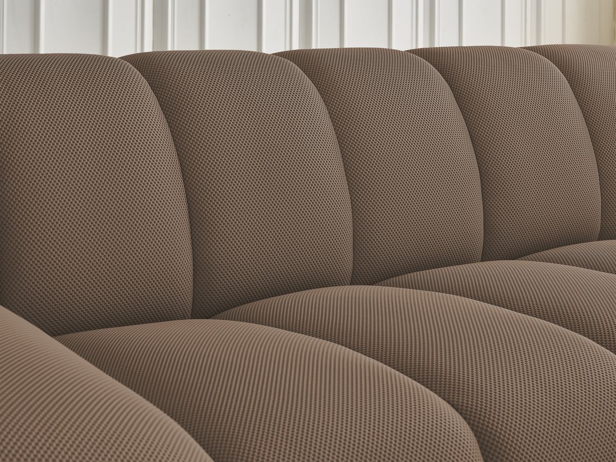 Ensemble canapé droit fixe 3 + 2 places HAYDEN tissu mesh avec 1 pouf grand avec plateau, 1 pouf grand et 1 pouf petit