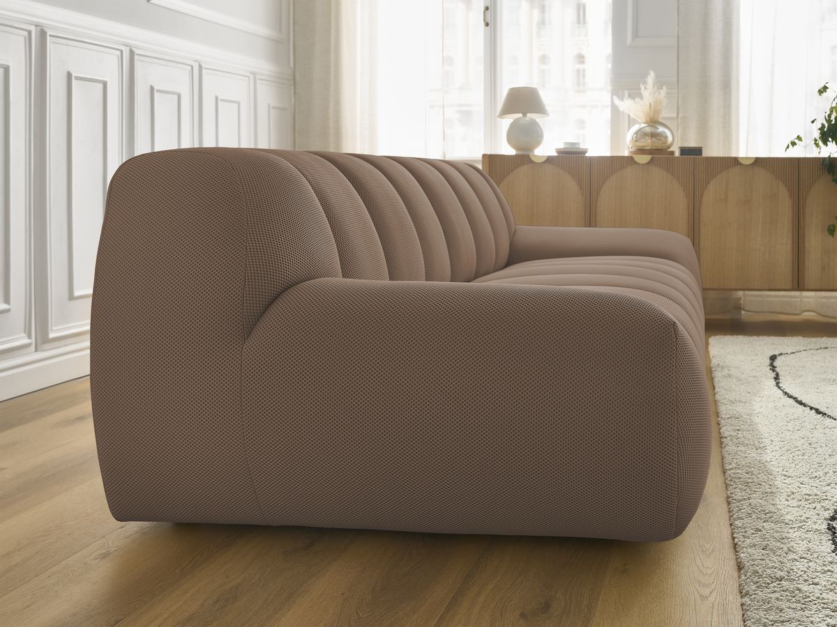 Ensemble canapé droit fixe 3 + 2 places HAYDEN tissu mesh avec 1 pouf grand avec plateau, 1 pouf grand et 1 pouf petit