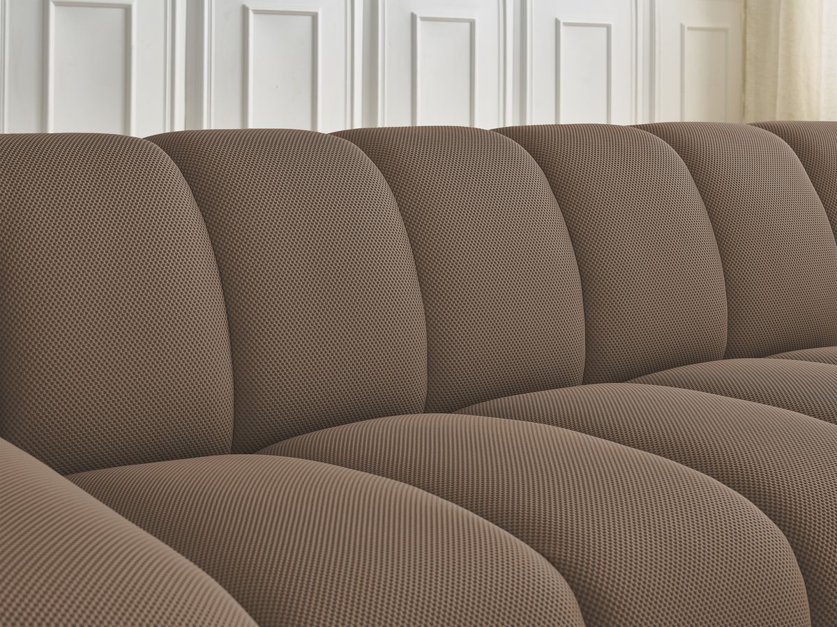 Ensemble canapé droit fixe 3 + 2 places HAYDEN tissu mesh avec 1 pouf grand avec plateau, 1 pouf grand et 1 pouf petit