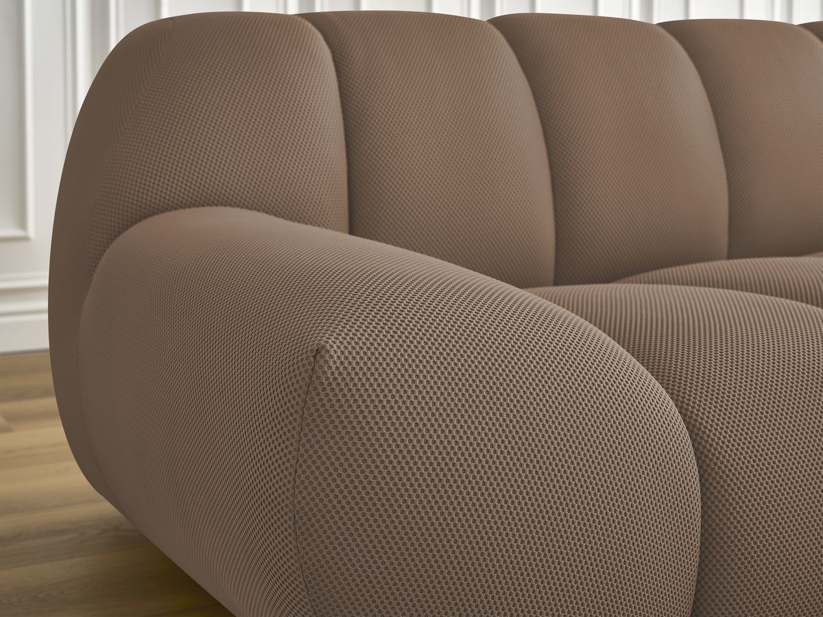 Ensemble canapé droit fixe 3 + 2 places HAYDEN tissu mesh avec 1 pouf grand avec plateau, 1 pouf grand et 1 pouf petit