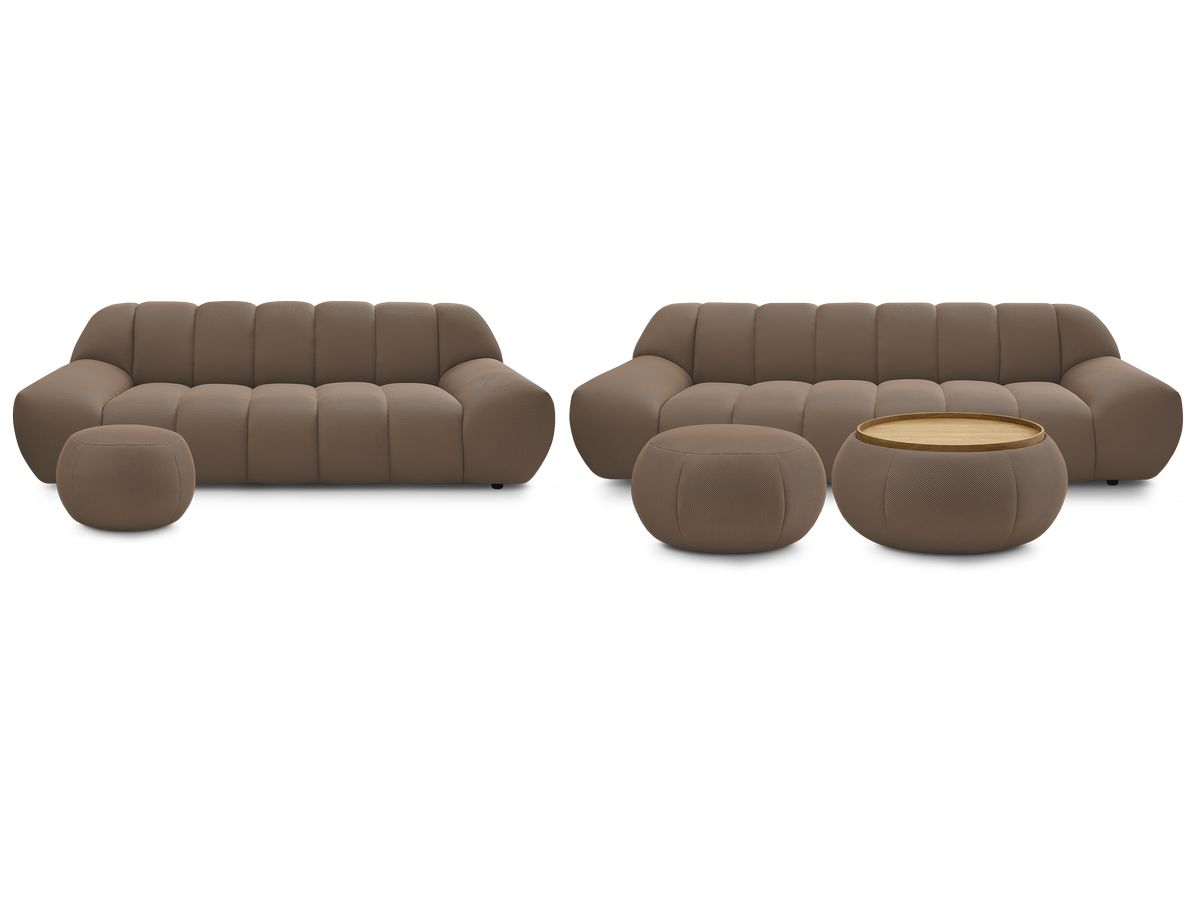 Ensemble canapé droit fixe 3 + 2 places HAYDEN tissu mesh avec 1 pouf grand avec plateau, 1 pouf grand et 1 pouf petit
