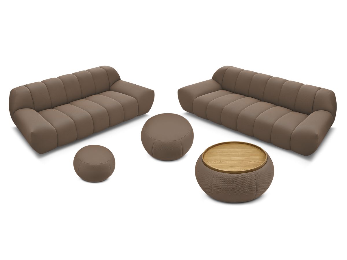 Ensemble canapé droit fixe 3 + 2 places HAYDEN tissu mesh avec 1 pouf grand avec plateau, 1 pouf grand et 1 pouf petit