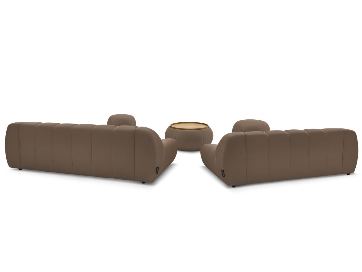 Ensemble canapé droit fixe 3 + 2 places HAYDEN tissu mesh avec 1 pouf grand avec plateau, 1 pouf grand et 1 pouf petit