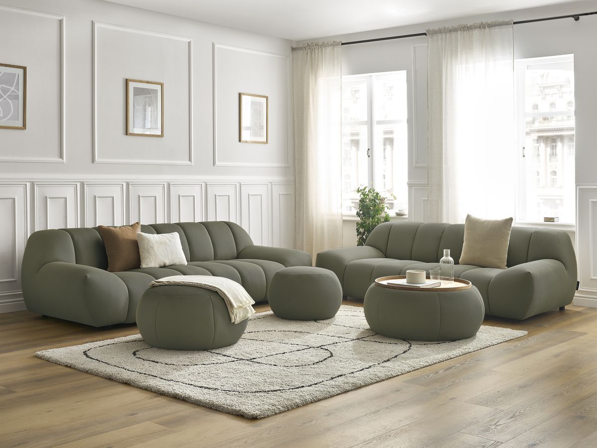 Ensemble canapé droit fixe 3 + 2 places HAYDEN tissu mesh avec 1 pouf grand avec plateau, 1 pouf grand et 1 pouf petit
