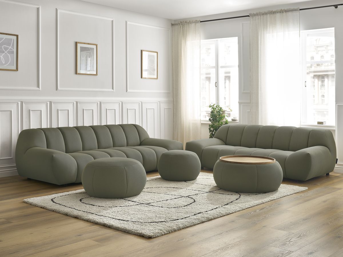 Ensemble canapé droit fixe 3 + 2 places HAYDEN tissu mesh avec 1 pouf grand avec plateau, 1 pouf grand et 1 pouf petit