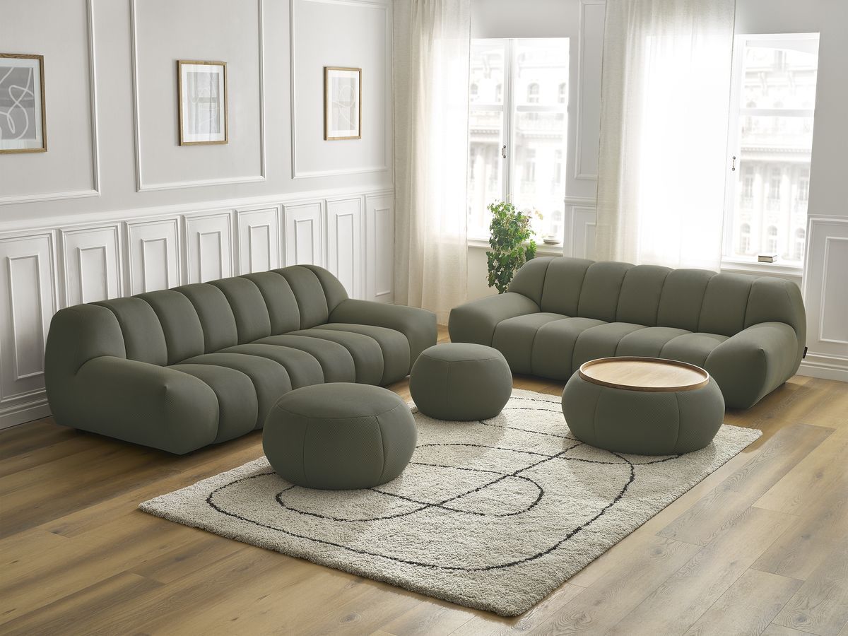Ensemble canapé droit fixe 3 + 2 places HAYDEN tissu mesh avec 1 pouf grand avec plateau, 1 pouf grand et 1 pouf petit