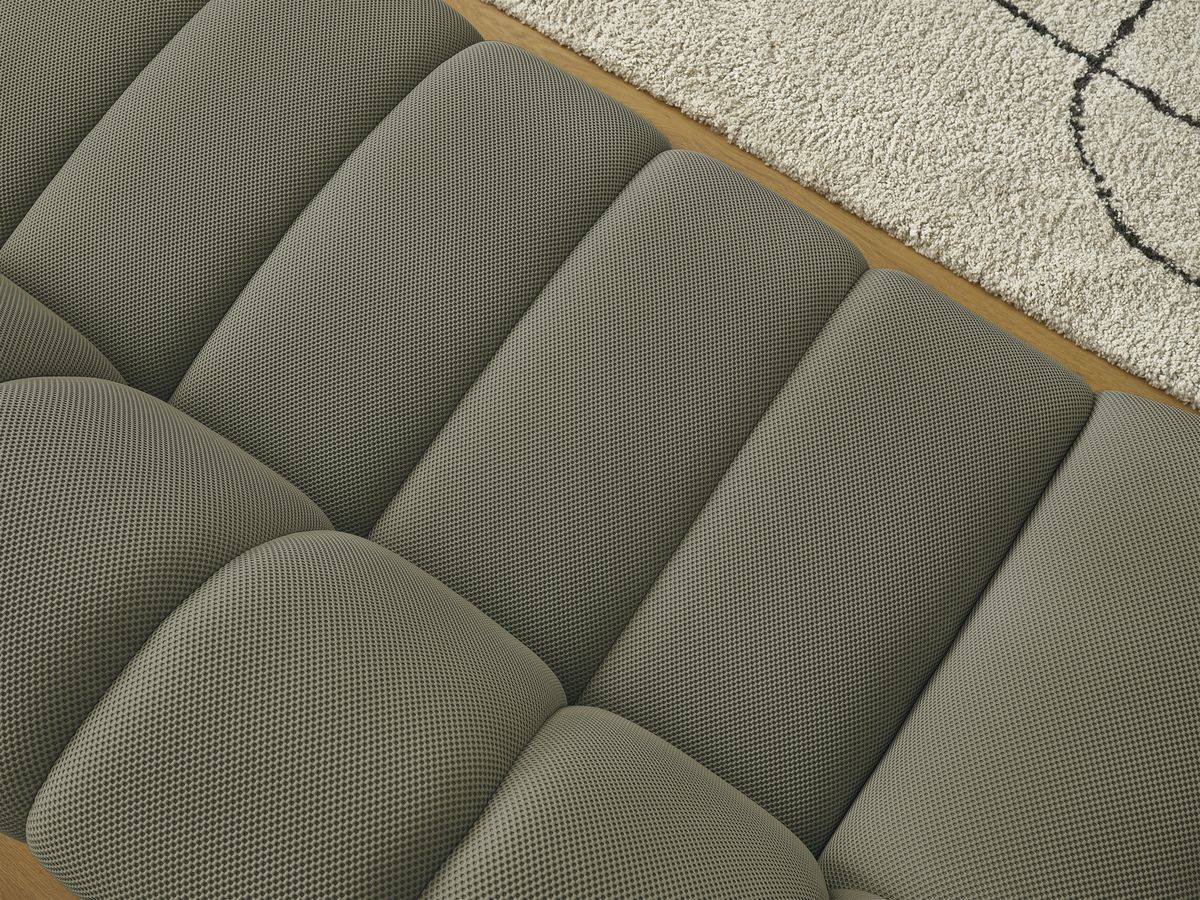Ensemble canapé droit fixe 3 + 2 places HAYDEN tissu mesh avec 1 pouf grand avec plateau, 1 pouf grand et 1 pouf petit