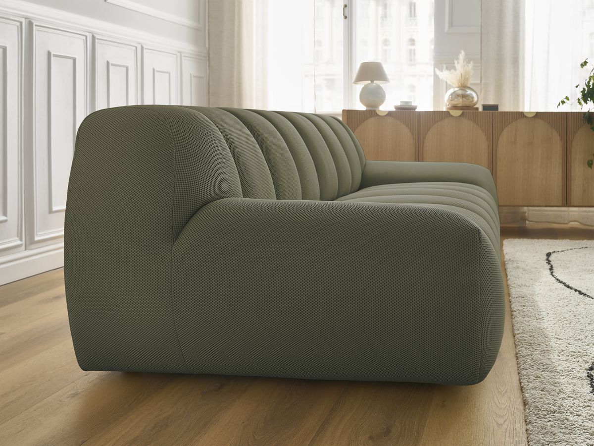 Ensemble canapé droit fixe 3 + 2 places HAYDEN tissu mesh avec 1 pouf grand avec plateau, 1 pouf grand et 1 pouf petit