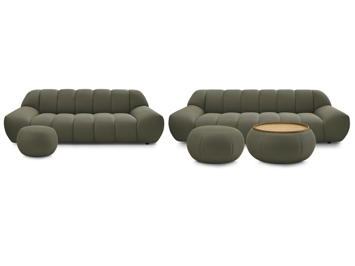 Ensemble canapé droit fixe 3 + 2 places HAYDEN tissu mesh avec 1 pouf grand avec plateau, 1 pouf grand et 1 pouf petit