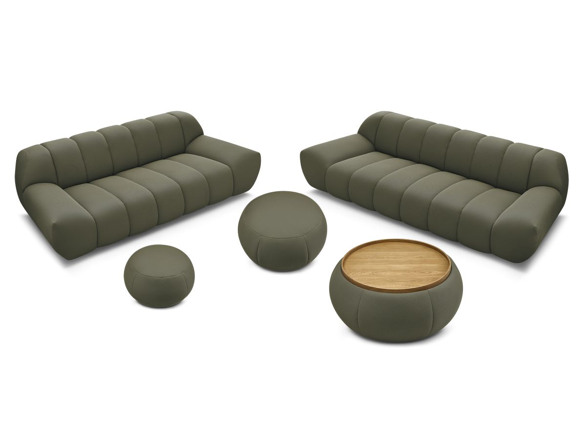 Ensemble canapé droit fixe 3 + 2 places HAYDEN tissu mesh avec 1 pouf grand avec plateau, 1 pouf grand et 1 pouf petit