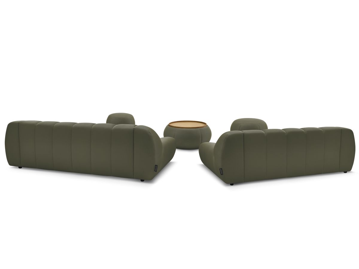 Ensemble canapé droit fixe 3 + 2 places HAYDEN tissu mesh avec 1 pouf grand avec plateau, 1 pouf grand et 1 pouf petit
