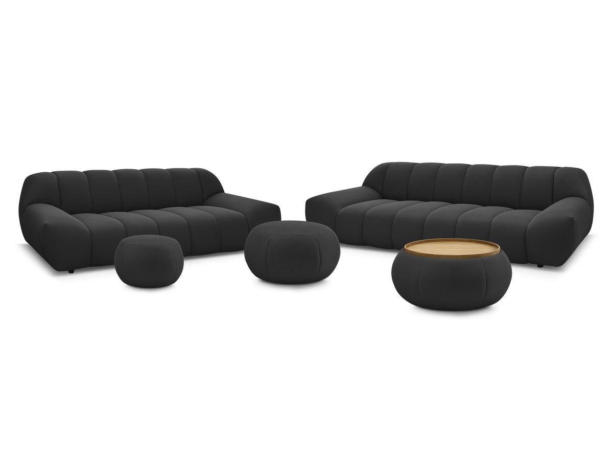 Ensemble canapé droit fixe 3 + 2 places HAYDEN tissu mesh avec 1 pouf grand avec plateau, 1 pouf grand et 1 pouf petit